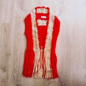 Hand Crochet Beige and Cherry Red Vest w Long Fringes Boho Western Look